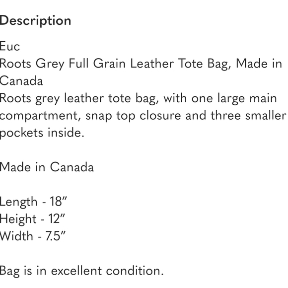 Roots Full Grain Leather Gray Tote Shoulder Satchel Bag - Picture 9 of 9